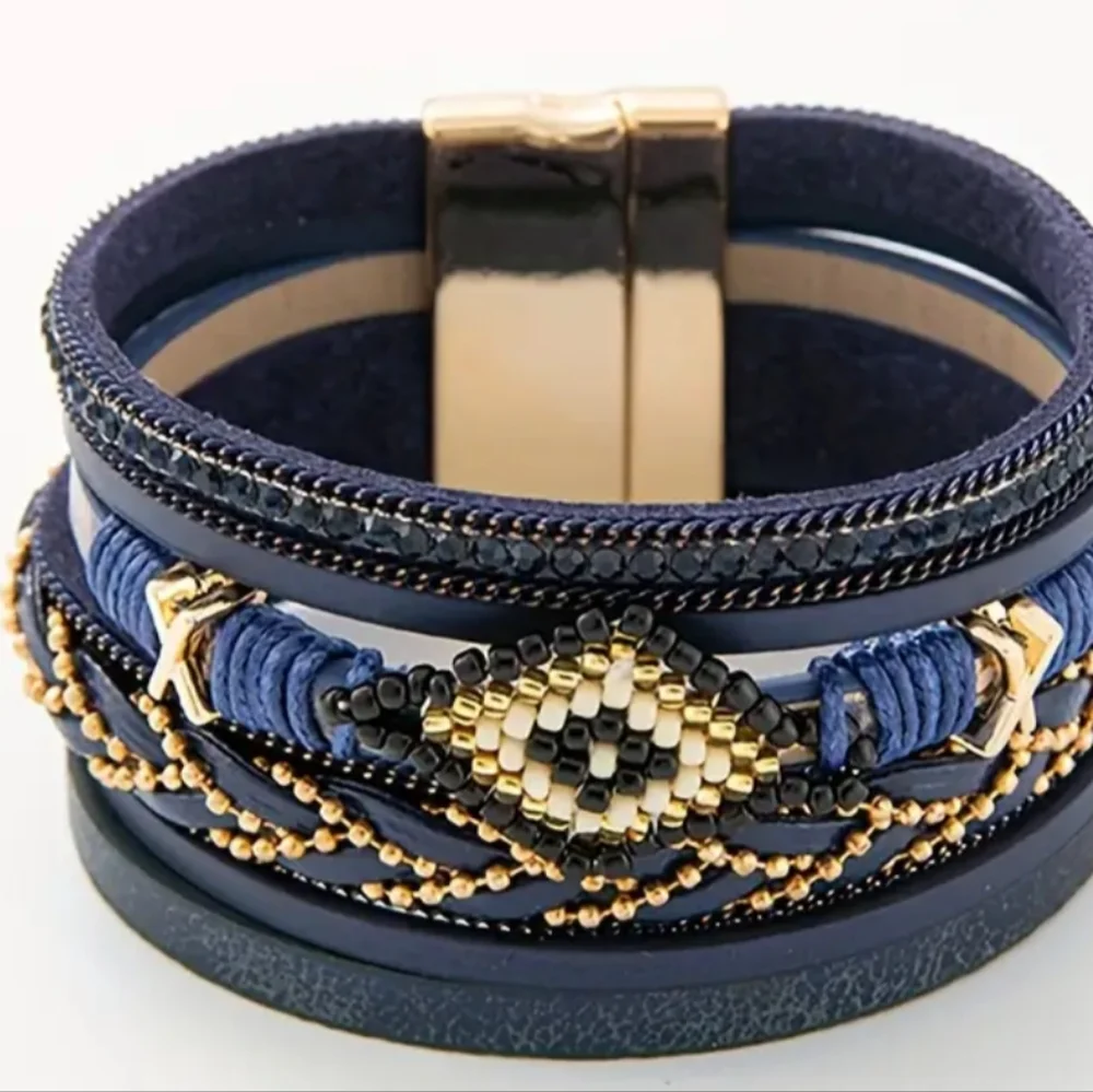NEW‎ 2/$40 Boho Blue and Gold Wide Beaded Magnetic Gift Bracelet-(#0227)